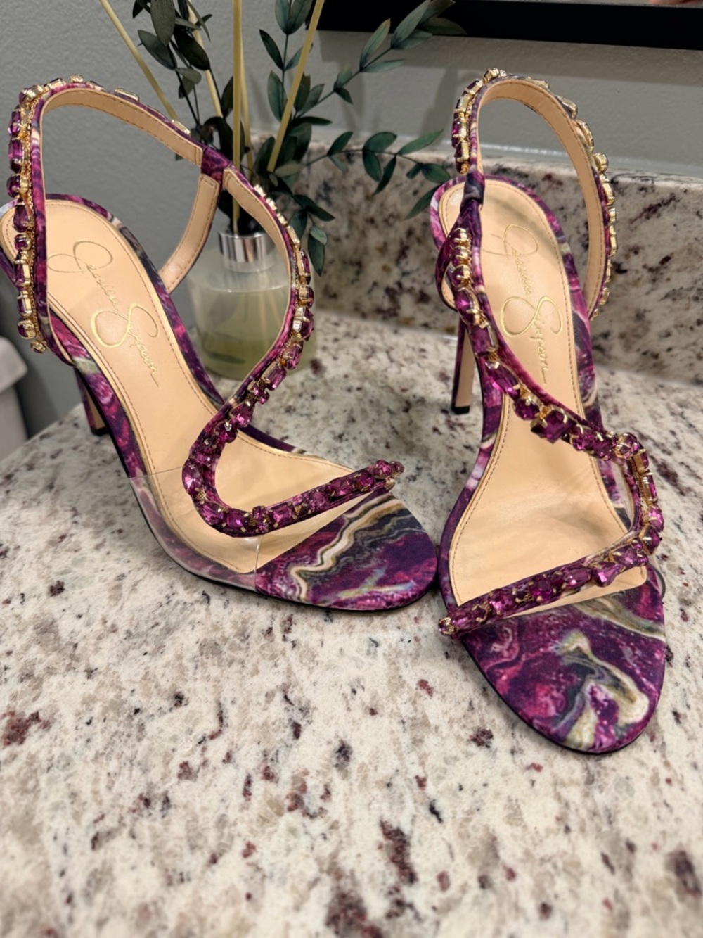 Jessica Simpson Purple Swirl Gem-Embellished Slingback Heels